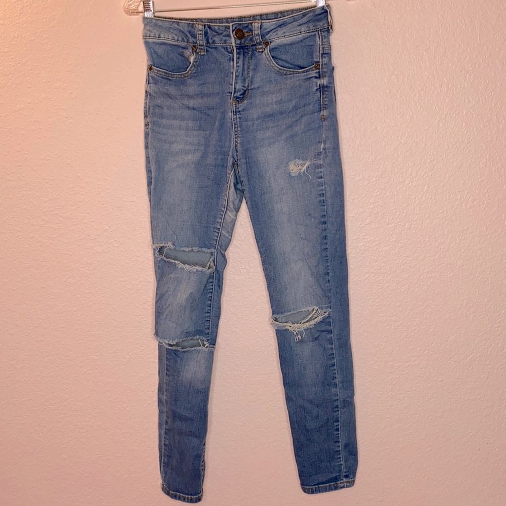 Distressed Ripped Medium Light Blue Skinny Jeans size 3